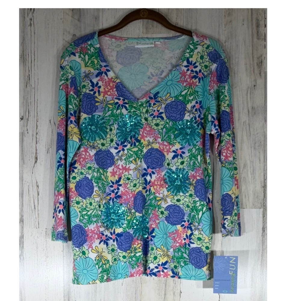 Lulu B Top Medium Multicolor Floral Sequin Bead 3/4 Sleeve Cotton V-Neck Garden